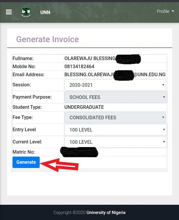 generate UNN school fees invoice