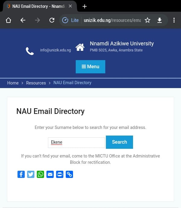 unizik email address