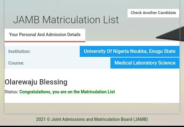 JAMB matriculation list