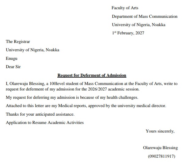 Defer admission letter sample