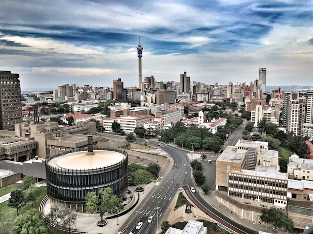 aerial photograph of urban city skyline